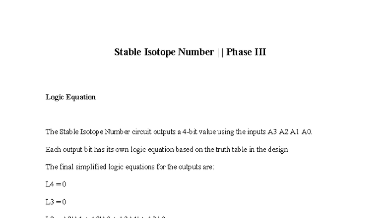 Phase III Project Report: Stable Isotope Number Circuit Logic - Studocu