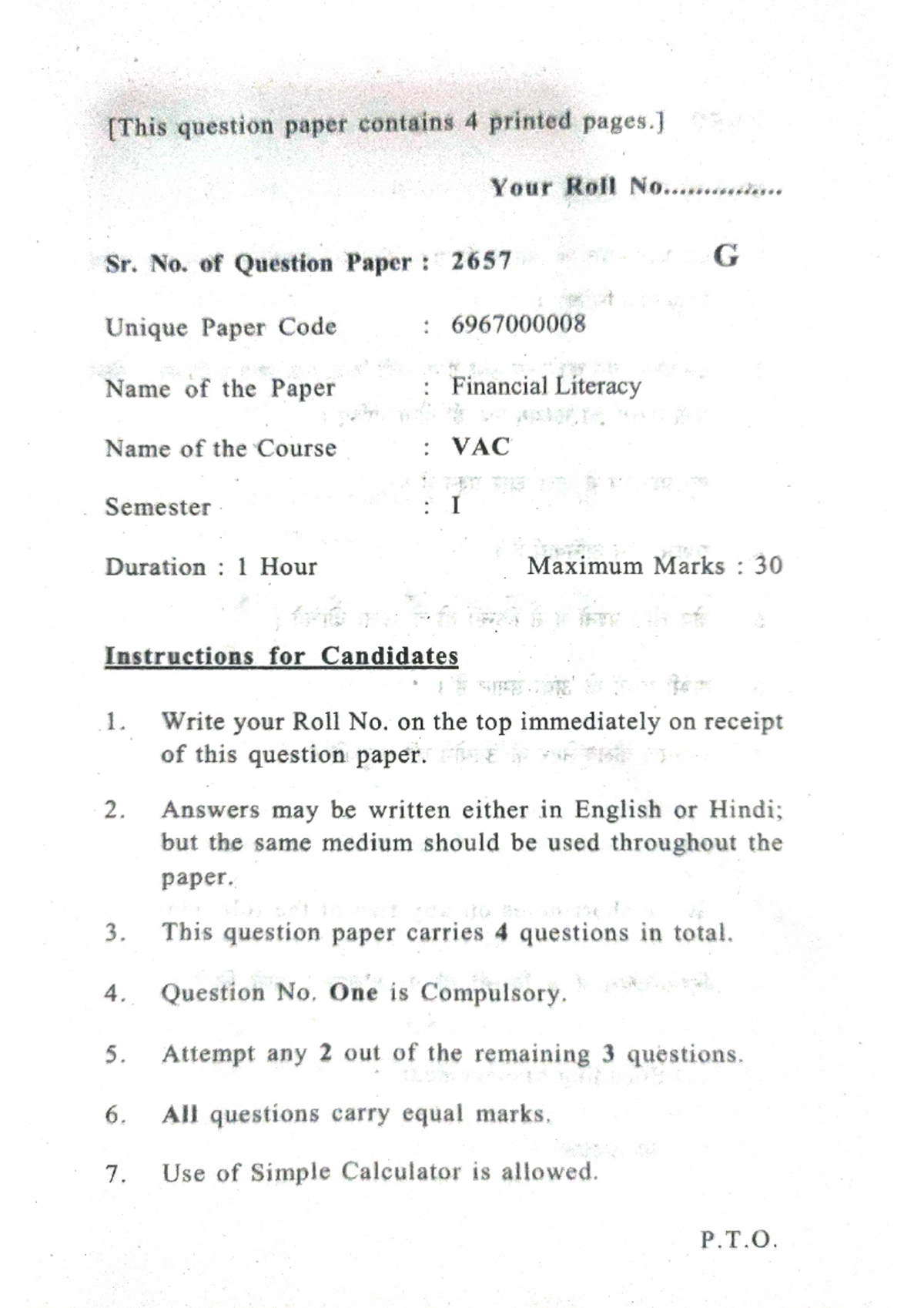 Financial Literacy 3 VAC - question paper contains 4 printed Your Roll ...