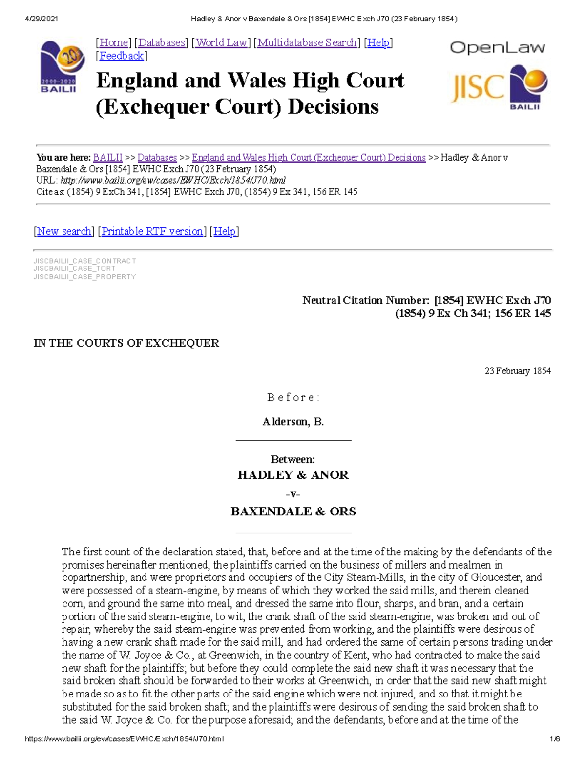 Hadley & Anor v Baxendale & Ors 1854 EWHC Exch J70 Case Analysis - Studocu