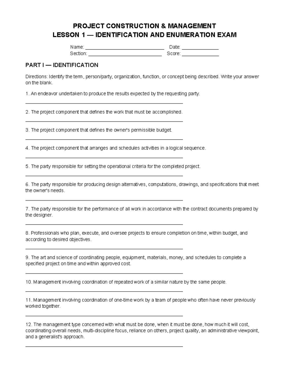 Lesson 1: Project Construction Management Identification & Enumeration ...