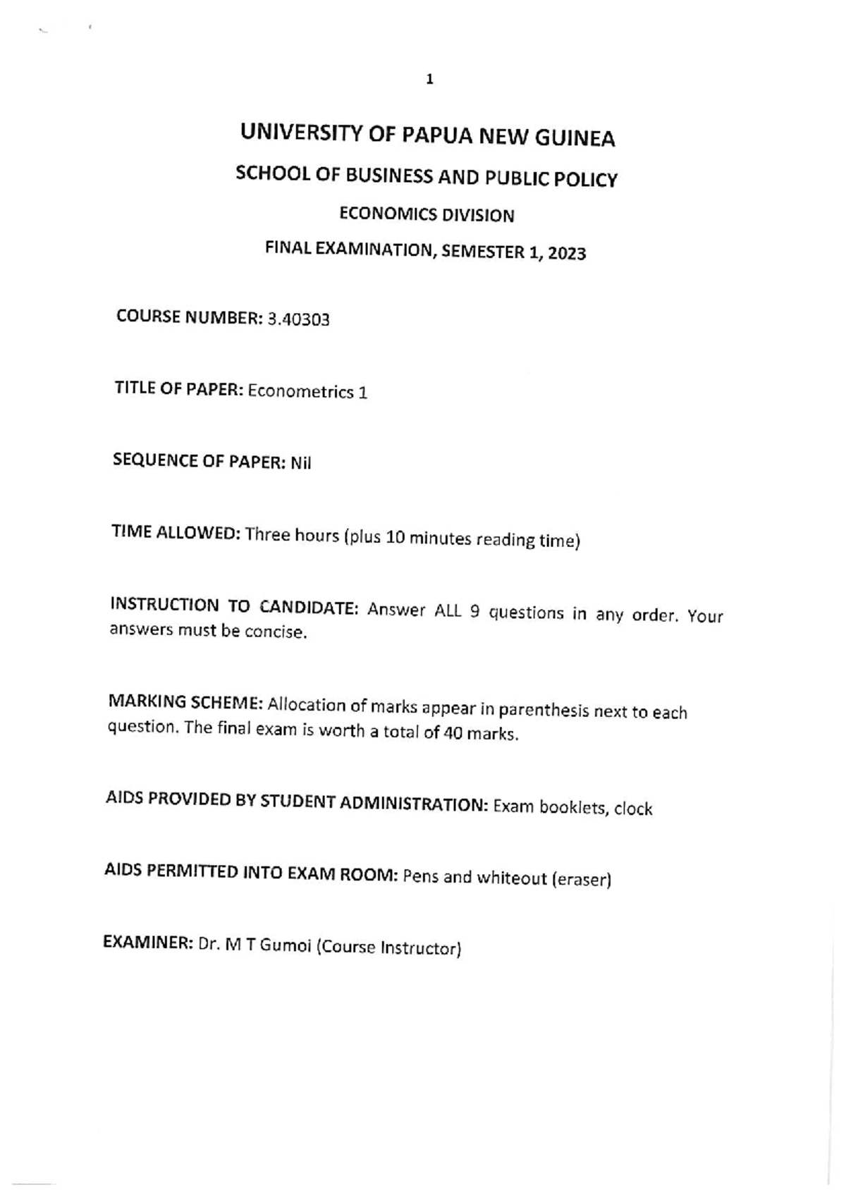 3.40303 Econometrics 1 Final Exam Guide - Semester 1, 2023 - Studocu