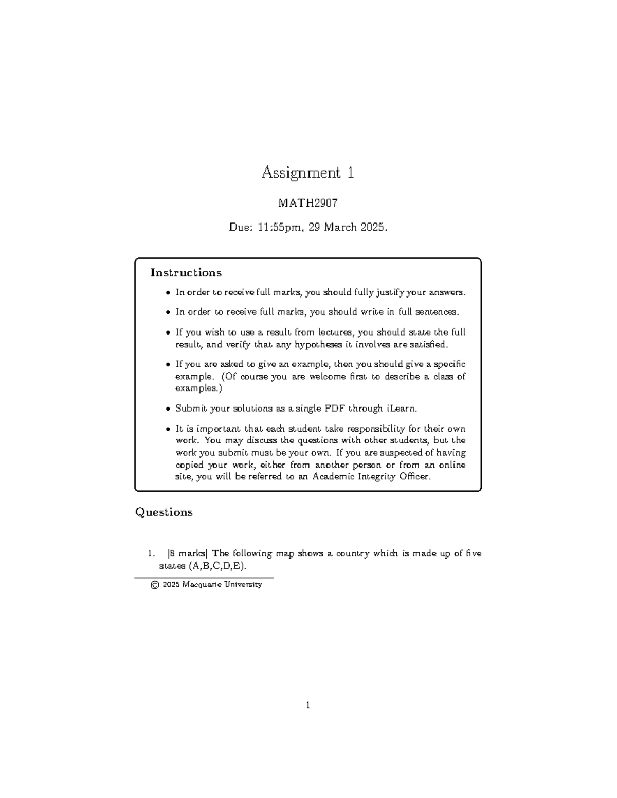 Assign 1 - Assignment 1 MATH Due: 11:55pm, 29 March 2025. Instructions ...