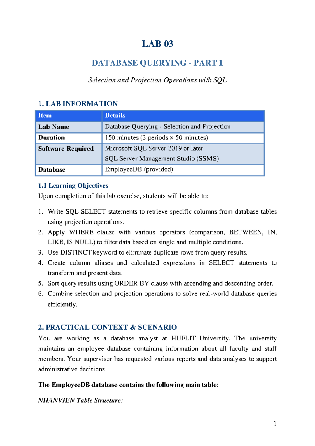 Lab 03: Database Querying - Selection & Projection Operations with SQL ...