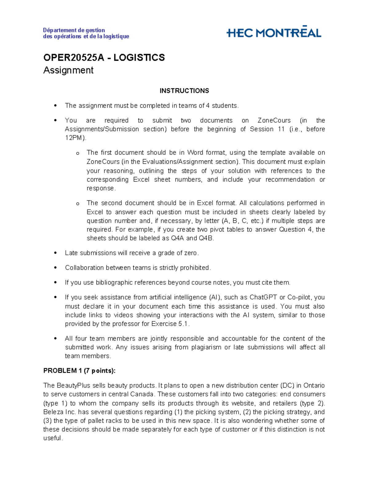 OPER20525A - Logistics Team Assignment Instructions and Requirements ...
