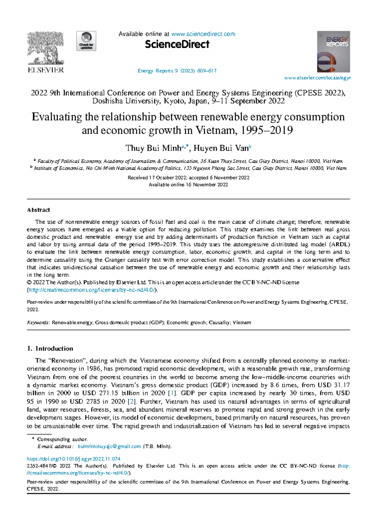 Evaluating Renewable Energy and Economic Growth in Vietnam (CPESE 2022 ...