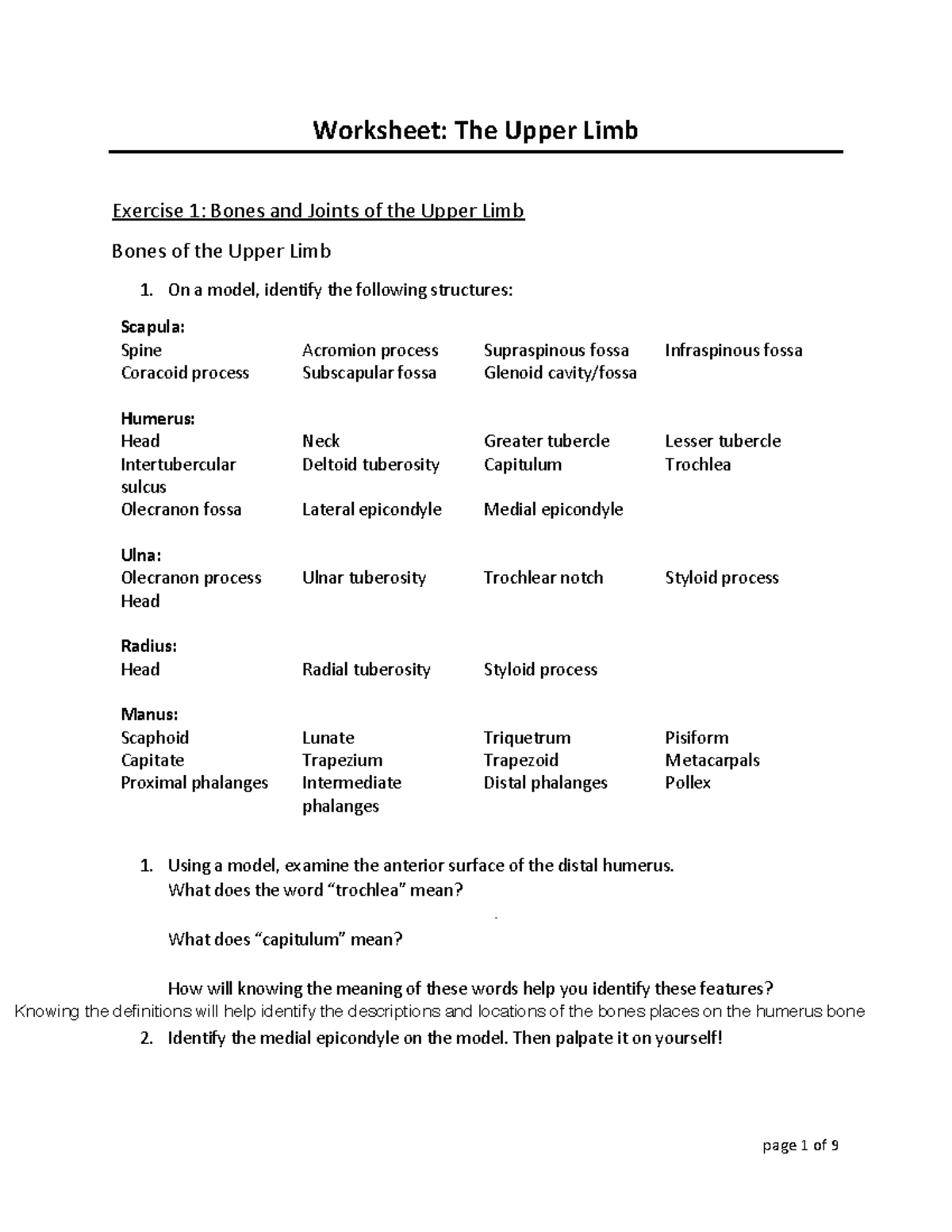 Upper Limb Lab Worksheet: Bones, Joints, and Muscles - Sp25 - Studocu
