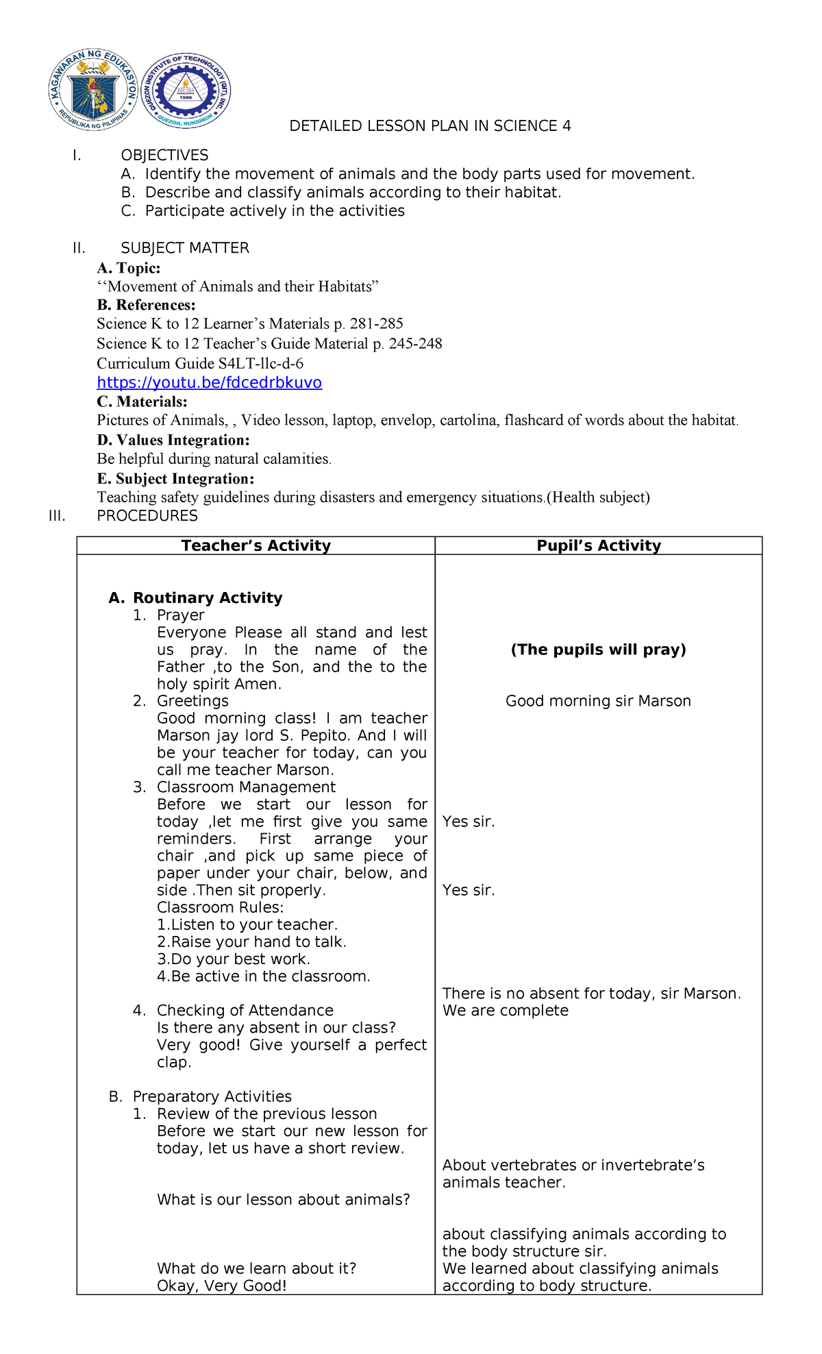 Detailed Lesson Plan: Movement of Animals in Science 4 - Studocu