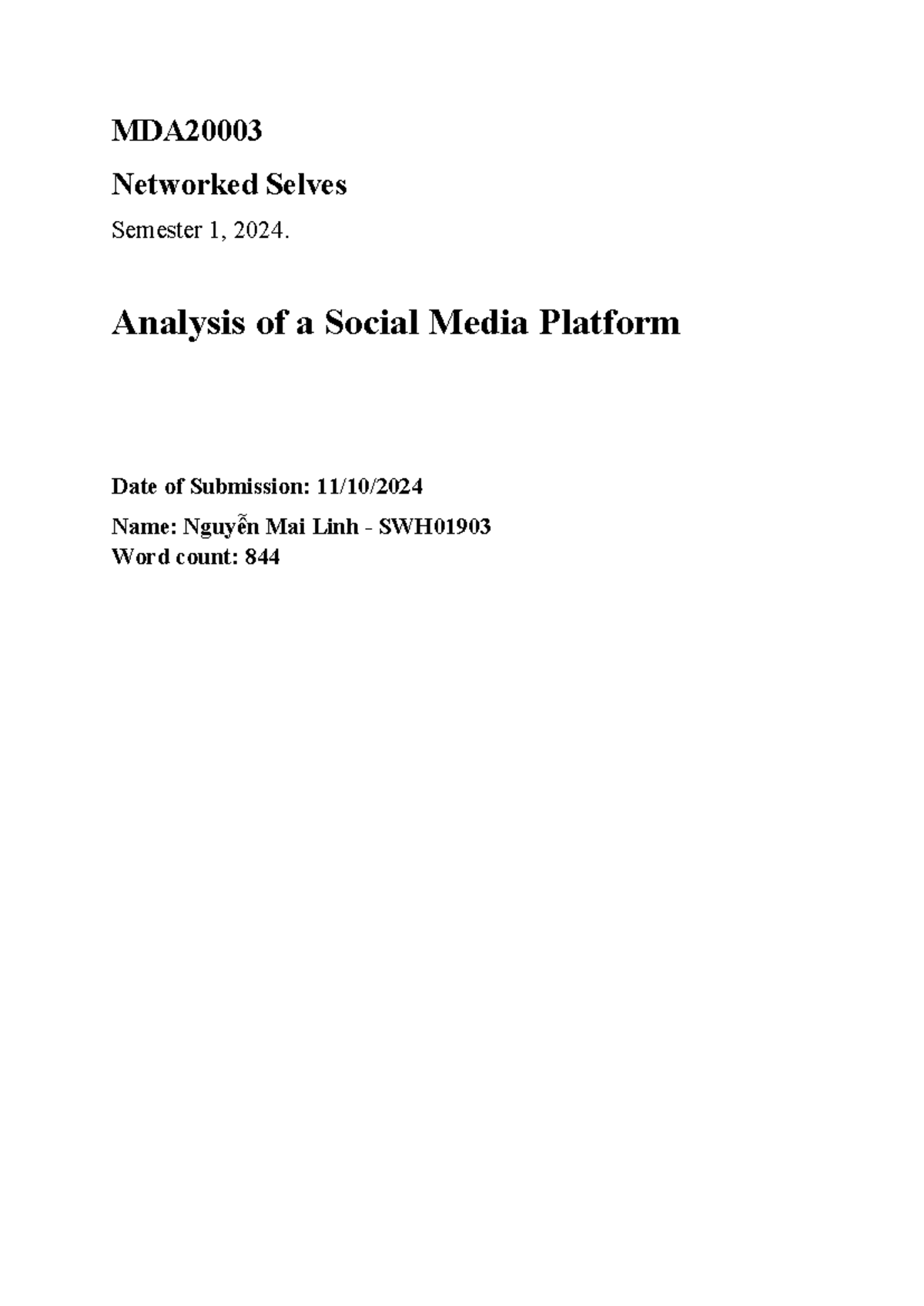 MDA2000 3 S1, 24 Assessment 1 - MDA Networked Selves Semester 1, 2024 ...