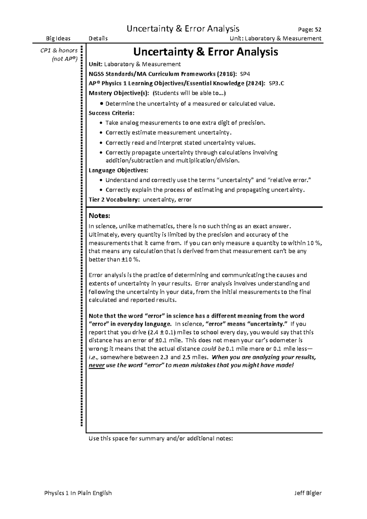 Uncertainty & Error Analysis in Physics 1 (CP1 & Honors) - Big Ideas ...