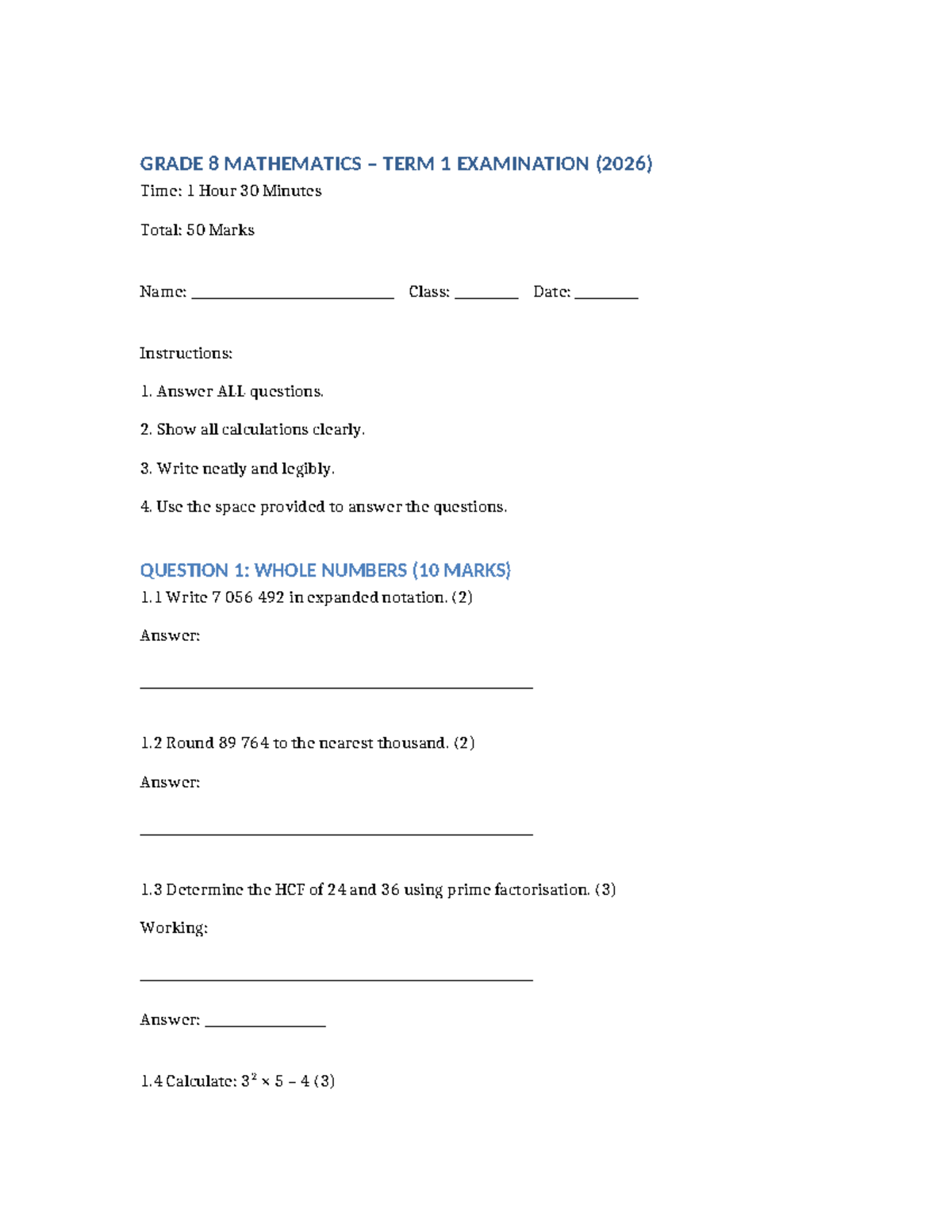 Grade 8 Mathematics Term 1 Exam (2026) - 50 Marks - Studocu