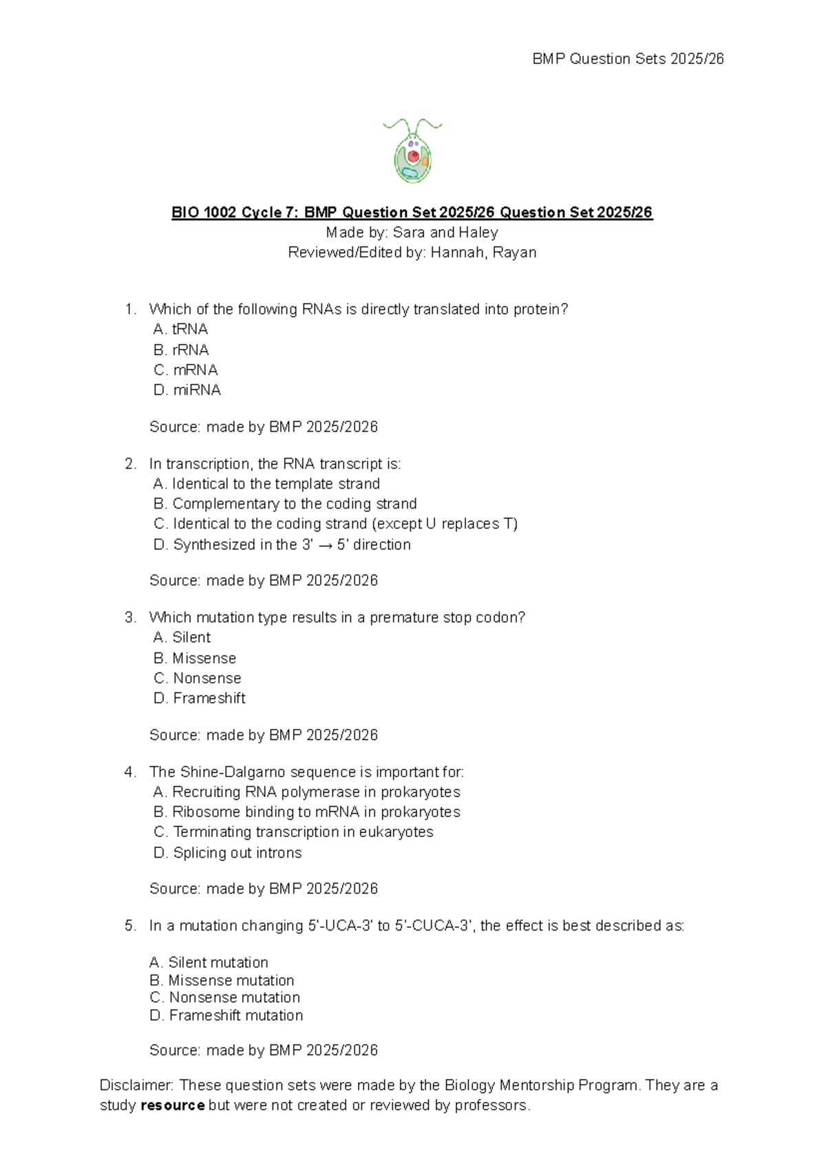 BIO 1002 Cycle 7: BMP Question Set Study Guide 2025-26 - Studocu