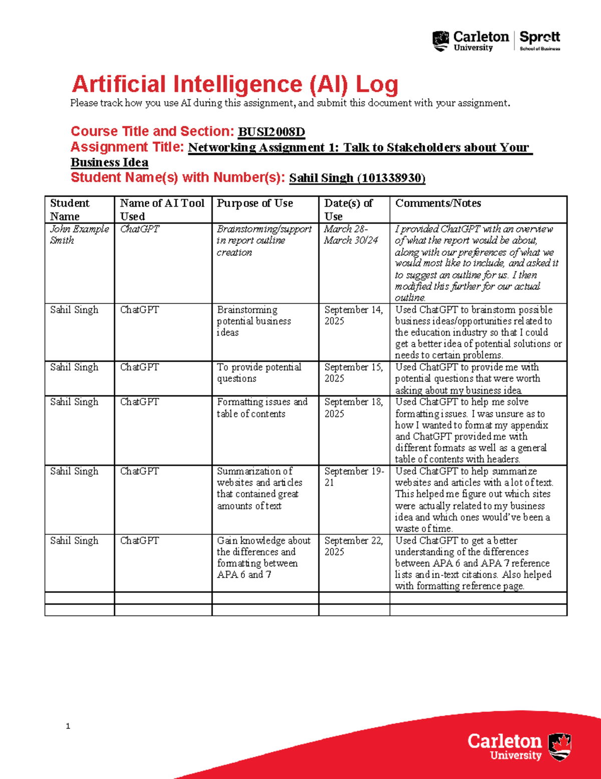 BUSI2008D AI Usage Log for Networking Assignment 1 - Studocu