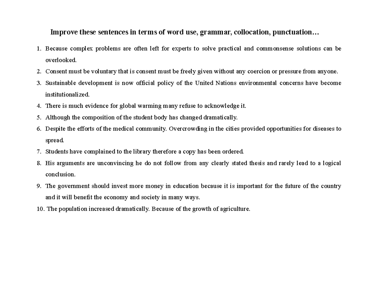 ENG 101: Sentence Improvement Exercises for Word Use and Grammar - Studocu