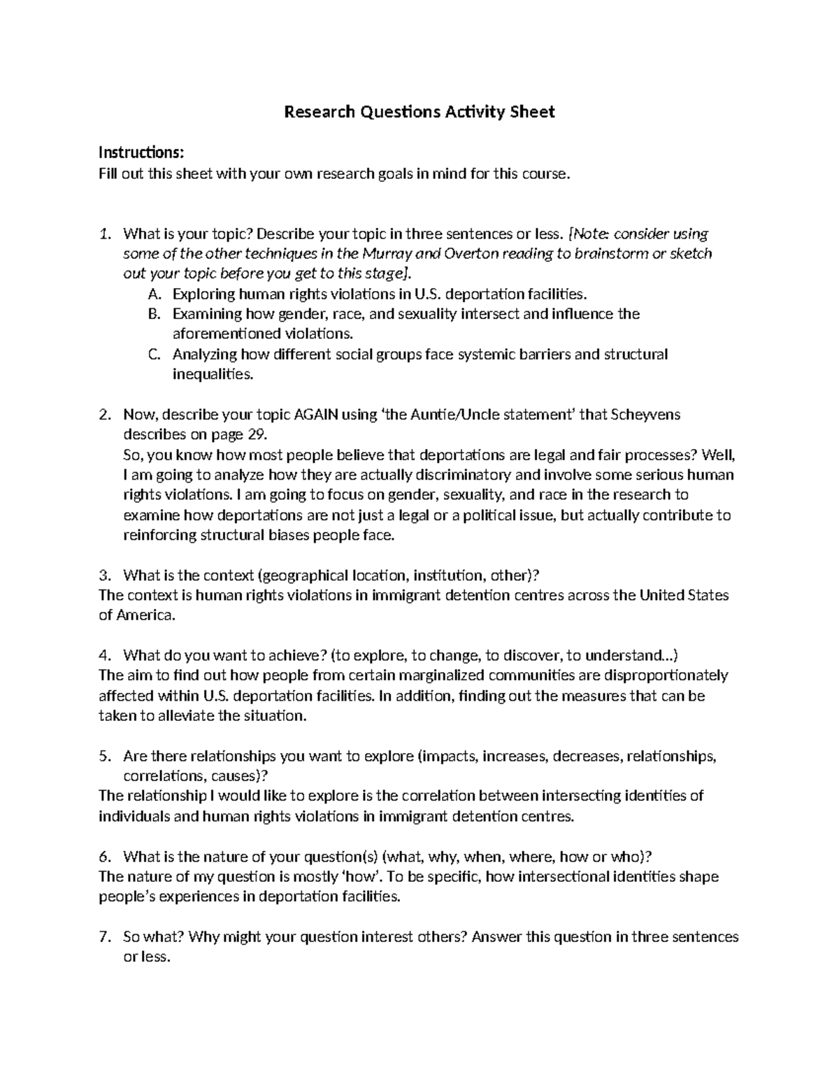 Designing Research Questions Activity Sheet for Human Rights Studies ...