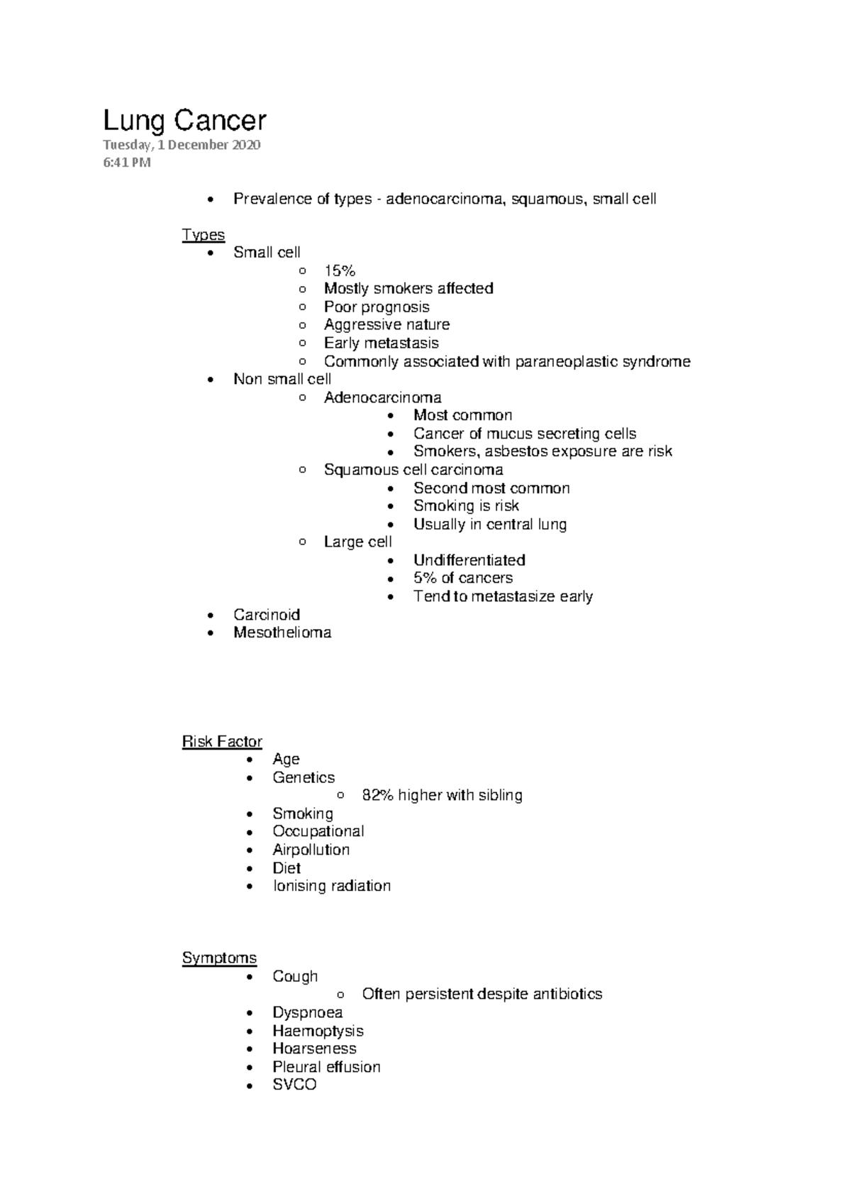 Oncology Notes - Lung Cancer - Lung Cancer Tuesday, 1 December 2020 6: ...