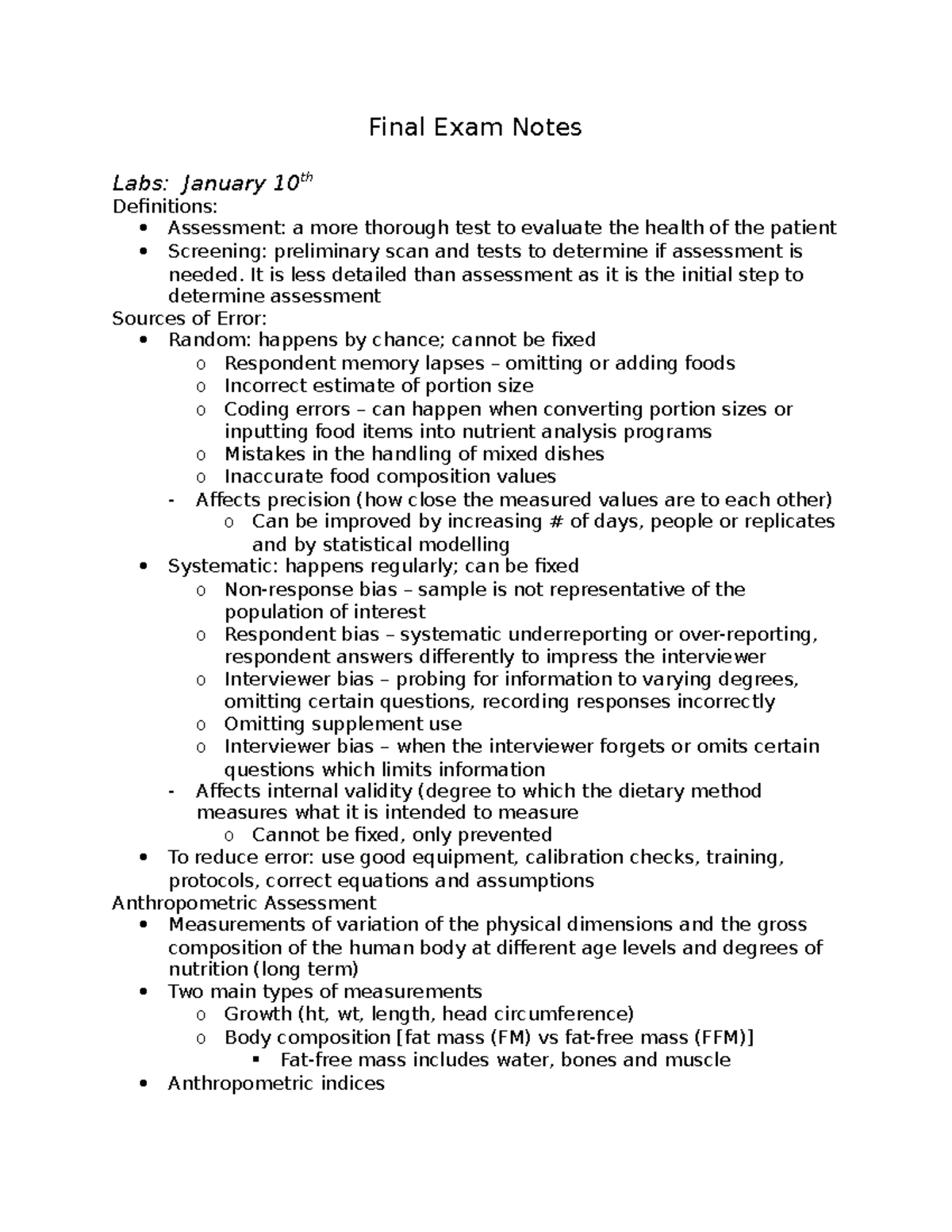 Final Exam Notes: Key Concepts in Nutrition Assessment (NUTR 300) - Studocu