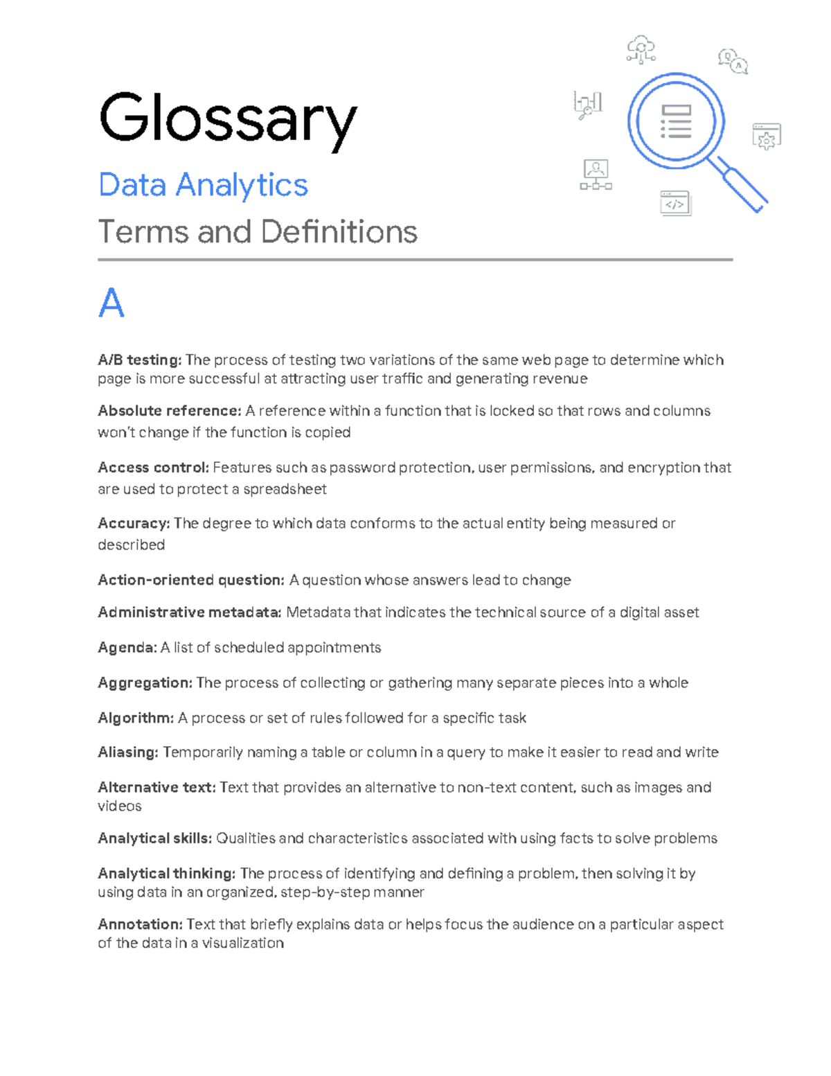 Course 6 Week 3 Glossary of Data Analytics Terms and Definitions - Studocu