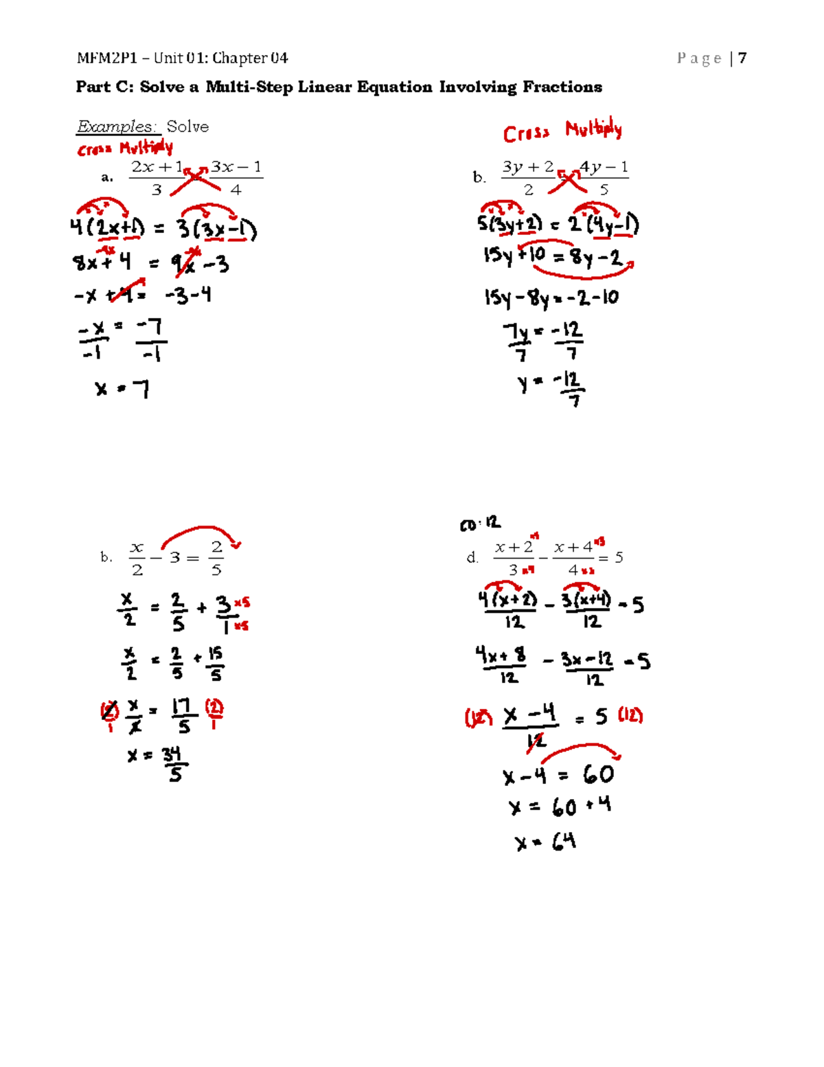 MFM2P1 – Lesson 2B: Multi-Step Linear Equations with Fractions - Studocu