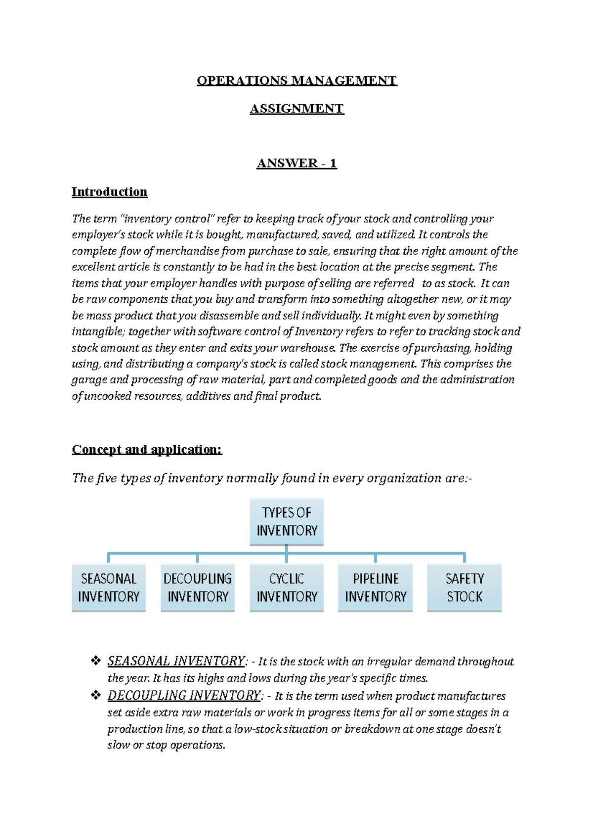 Answer - okokokoko - OPERATIONS MANAGEMENT ASSIGNMENT ANSWER - 1 ...