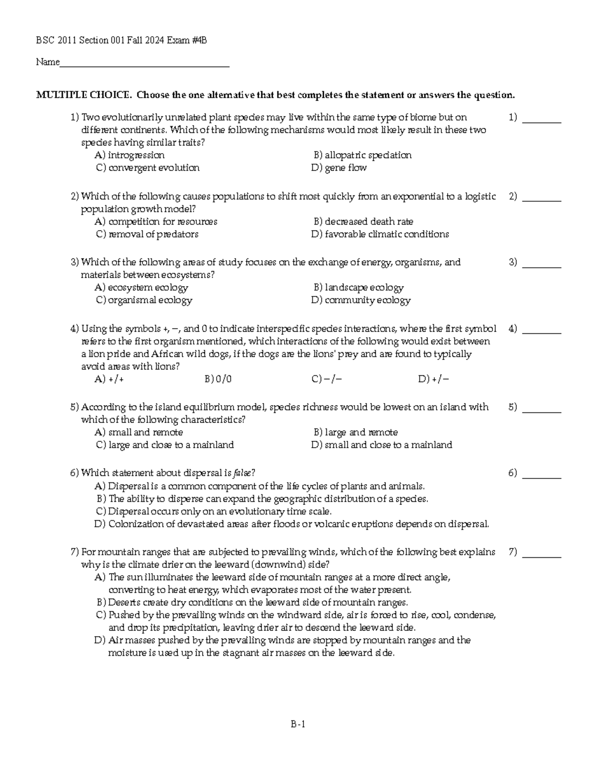 BSC 2011 Exam 4B - BSC 2011 Section 001 Fall 2024 Exam #4B Name
