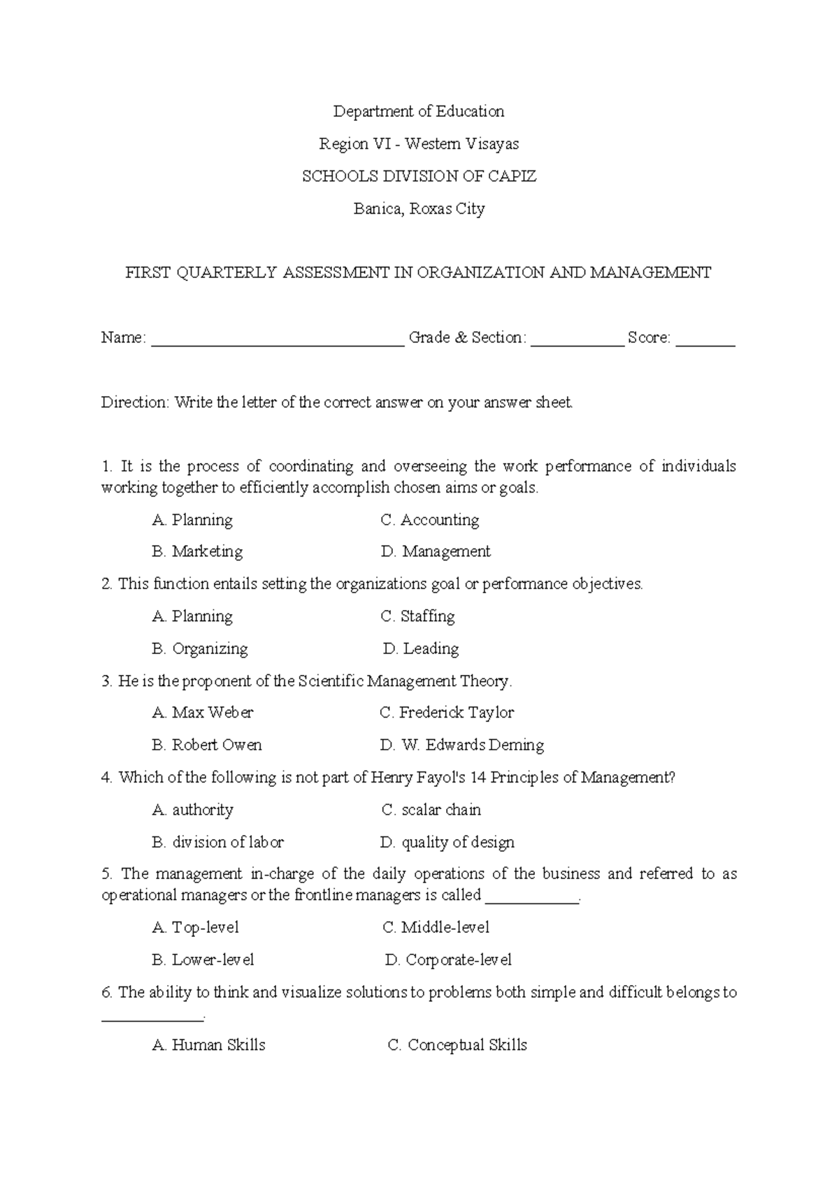 Organization AND Management - Quarterly Assessment - Department of ...