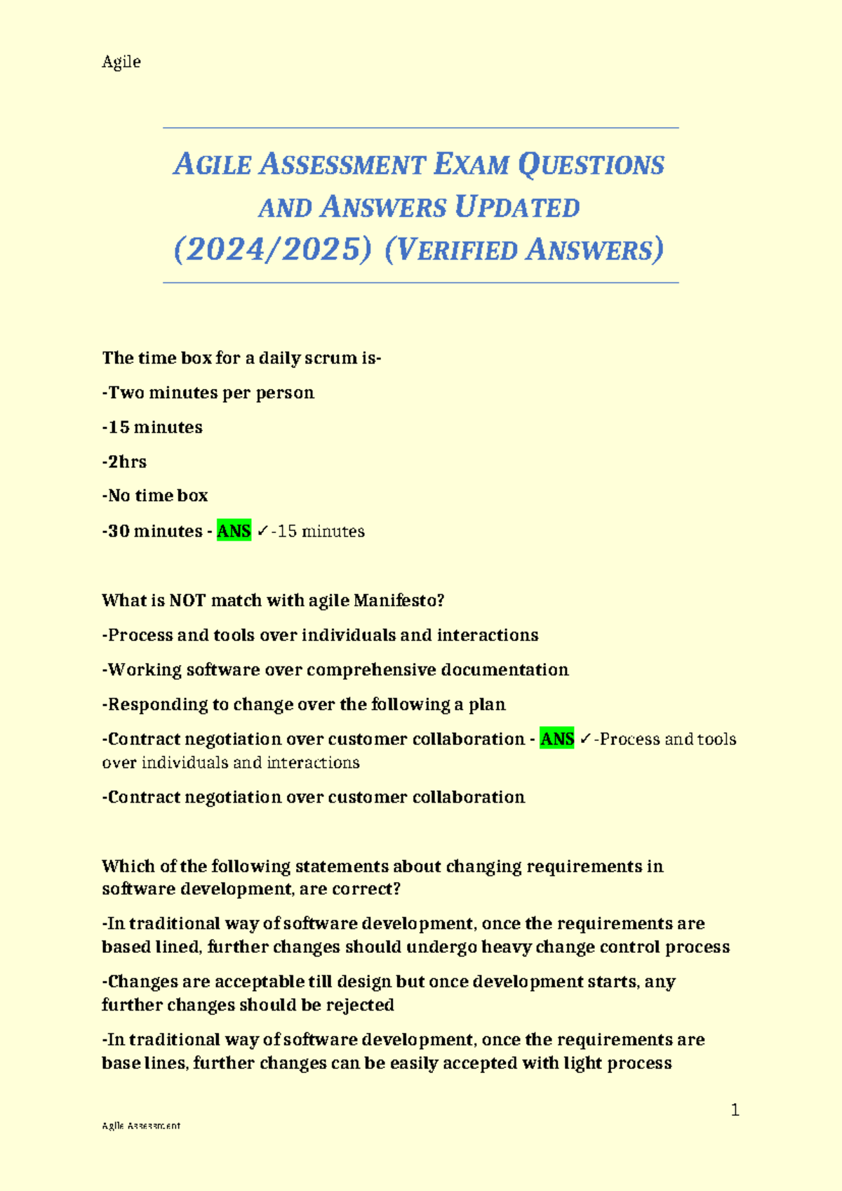 Agile Assessment Exam Questions & Answers (Updated) - Studocu