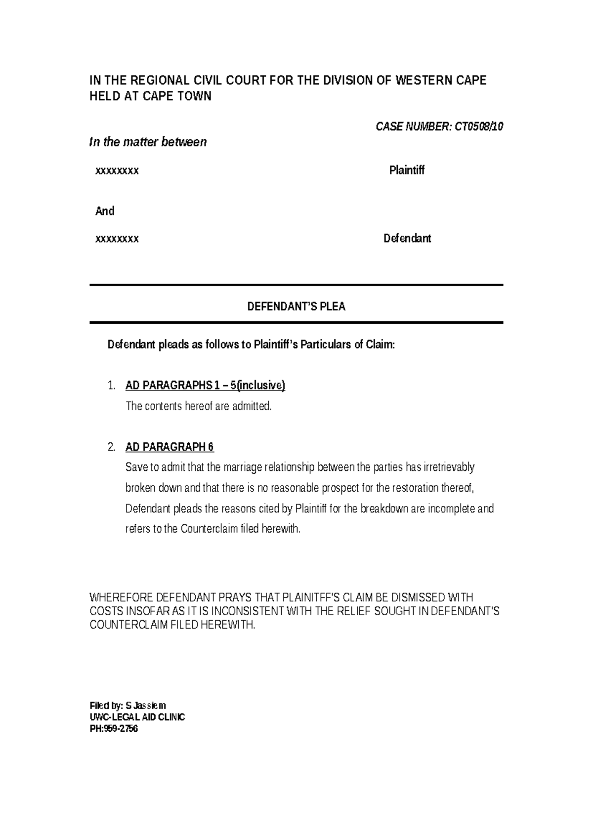 Plea and Counterclaim Submission - Regional Civil Court Case - Studocu