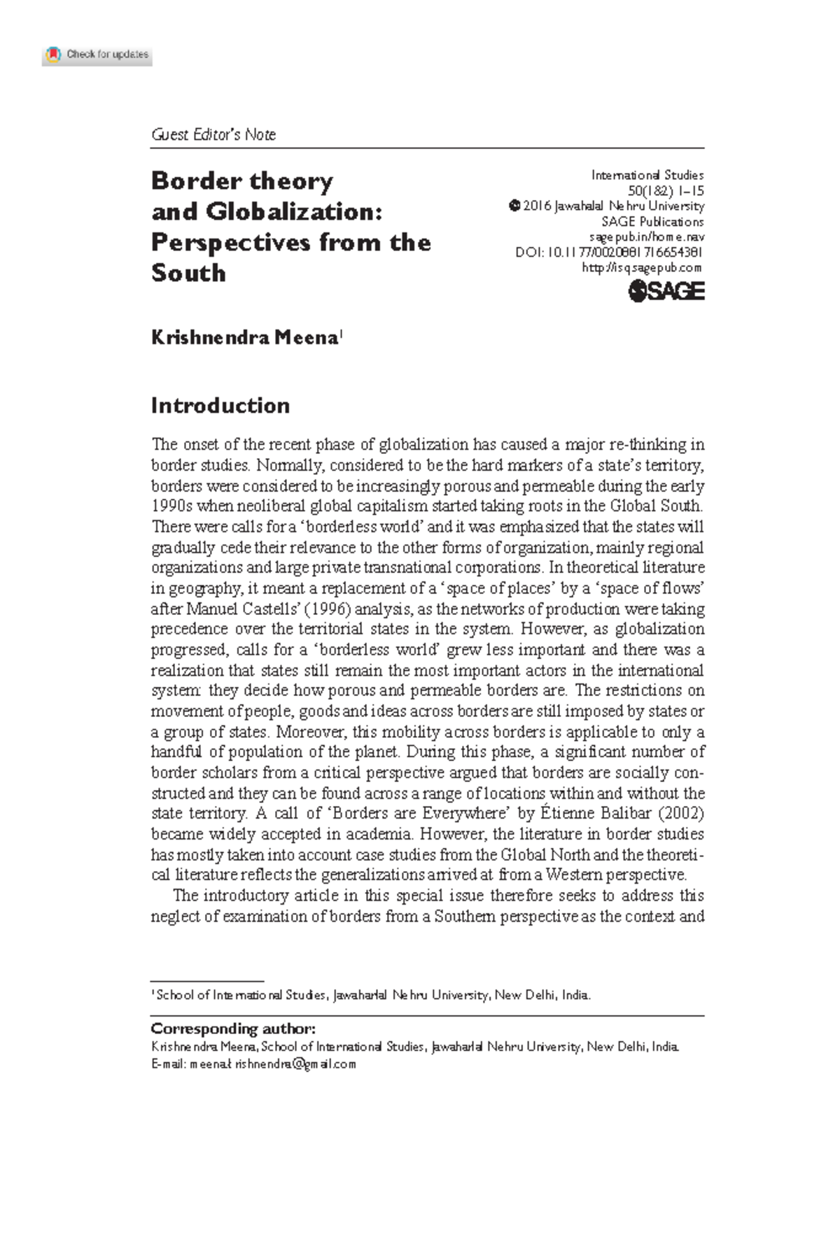 Meena 2016 border theory and globalization perspectives from the south ...