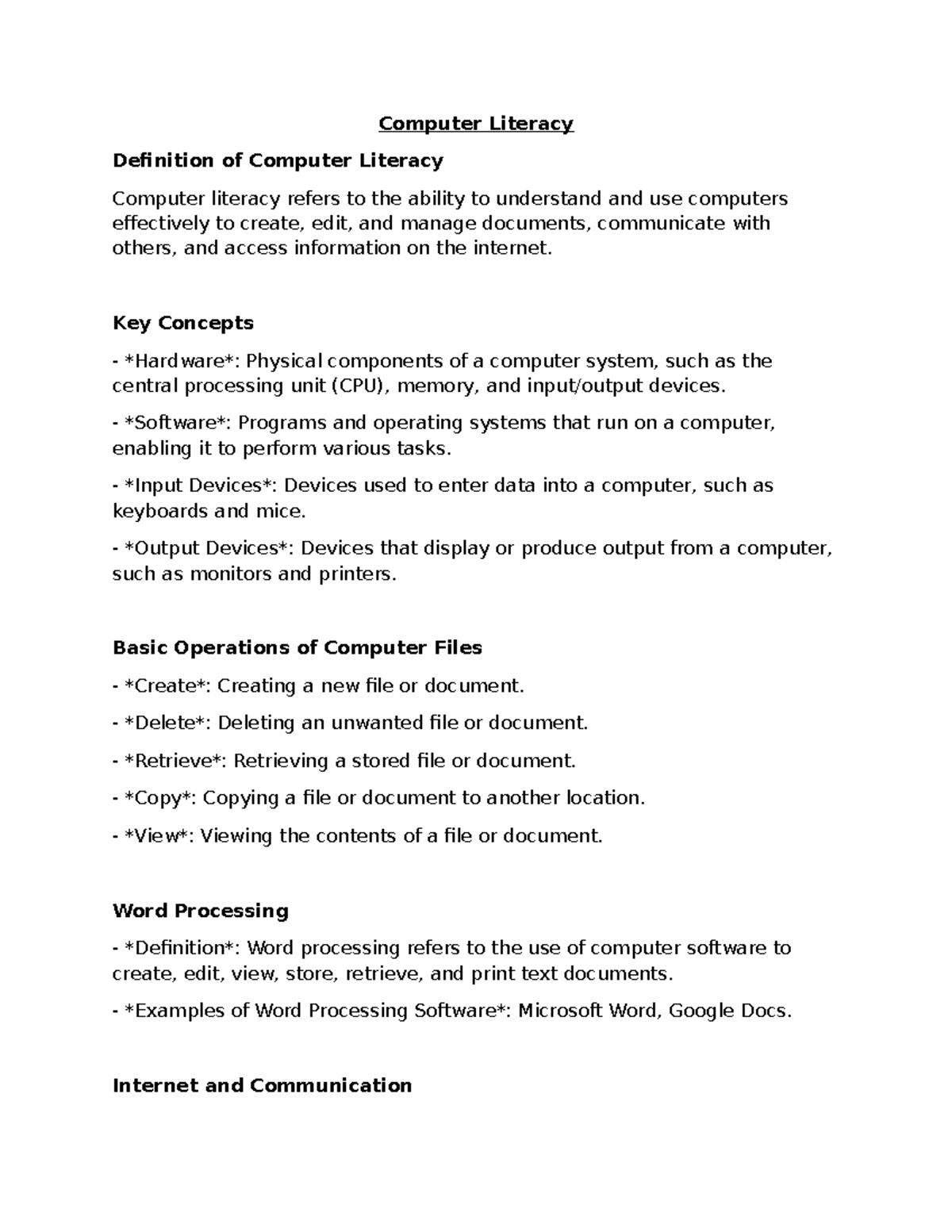 Computer Literacy Overview: Key Concepts & Operations - Studocu