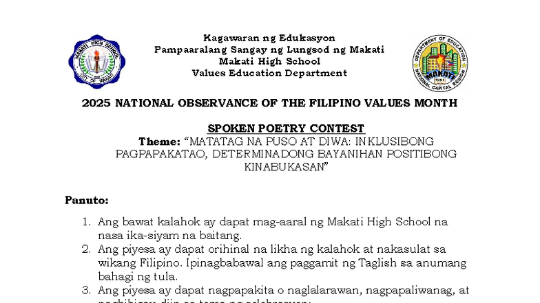 Filipino Values Month Activities Proposal (2025) - Studocu