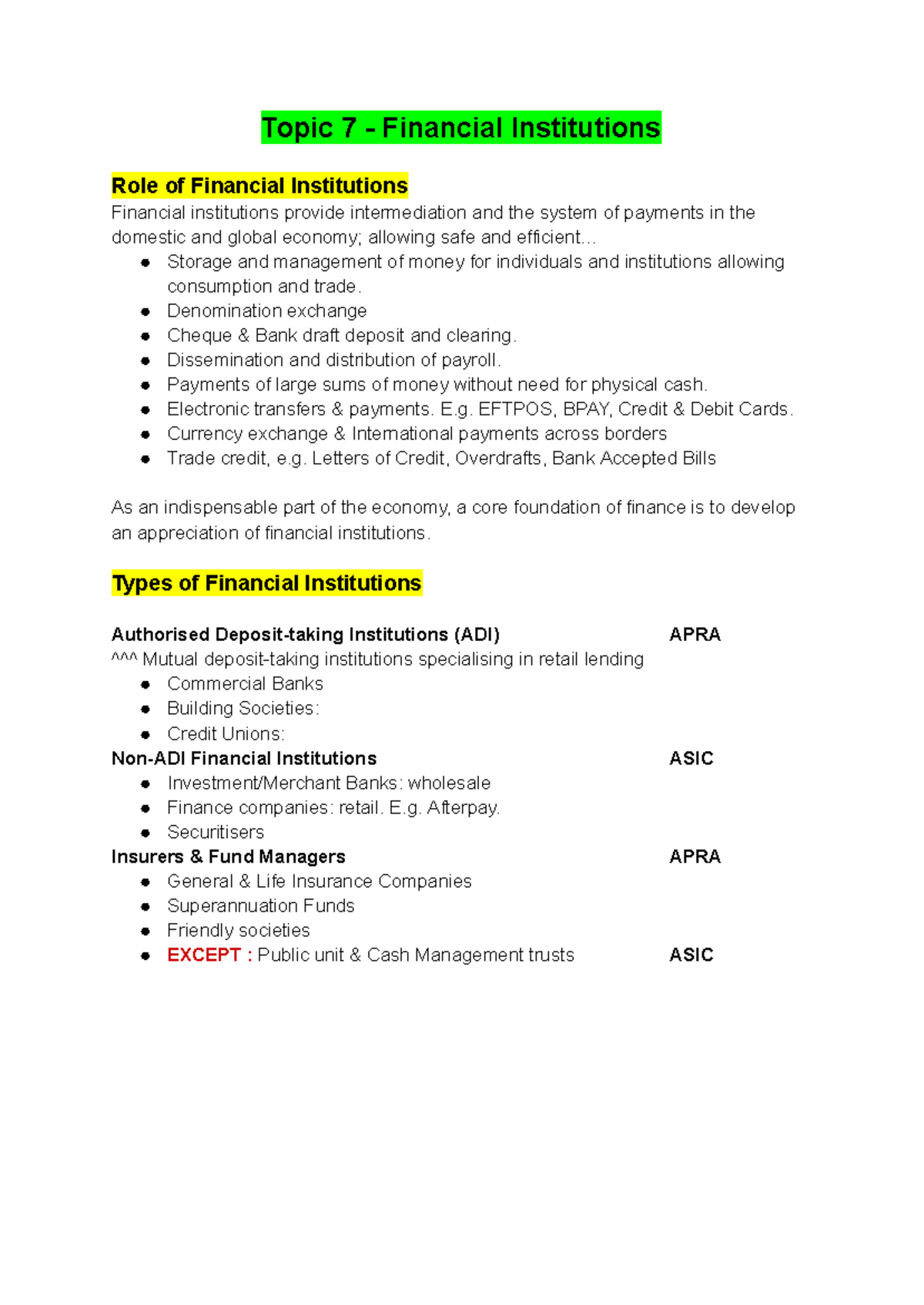 BFF1001 - Foundations of Finance Topic 7: Financial Institutions ...