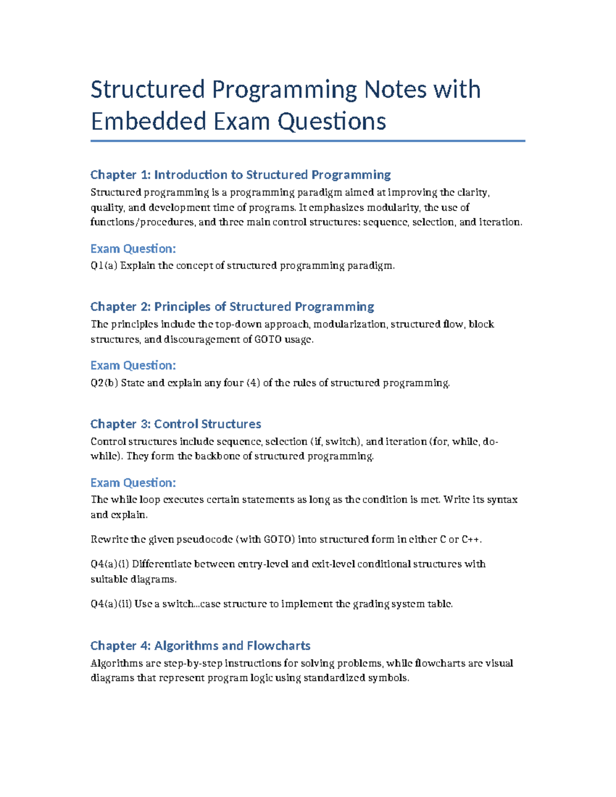 Structured Programming Notes with Exam Questions: Chapters 1-12 - Studocu