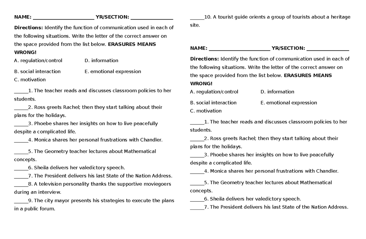 Communication Functions Worksheet - Studocu
