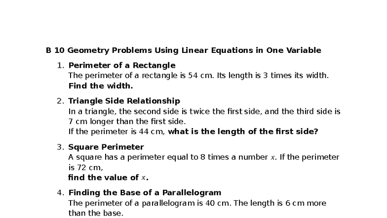 10 Geometry Problems (B10) Using Linear Equations in One Variable - Studocu