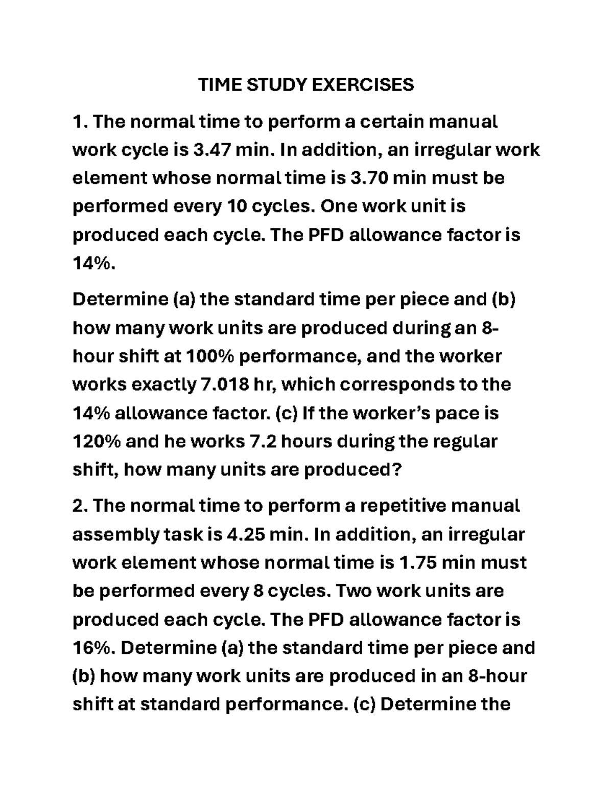 TIME STUDY EXERCISES - Standard Time Calculations and Production ...