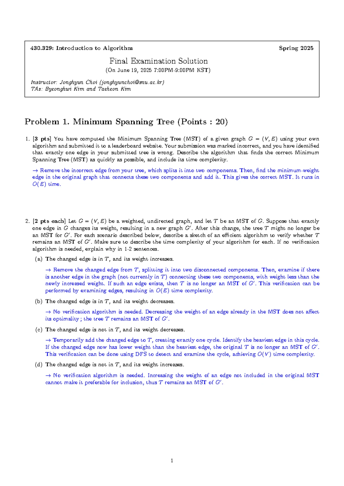 430.329: Spring 2025 Algorithm Midterm Examination Solutions - Studocu