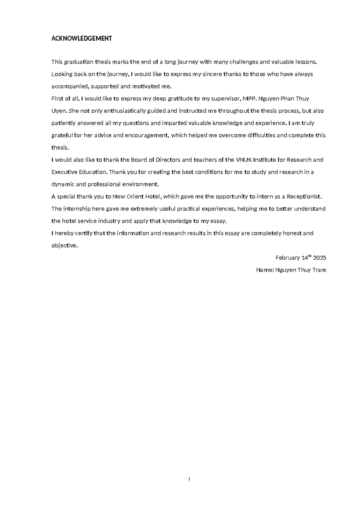 Acknowledgement of Graduation Thesis: New Orient Hotel Case Study - Studocu