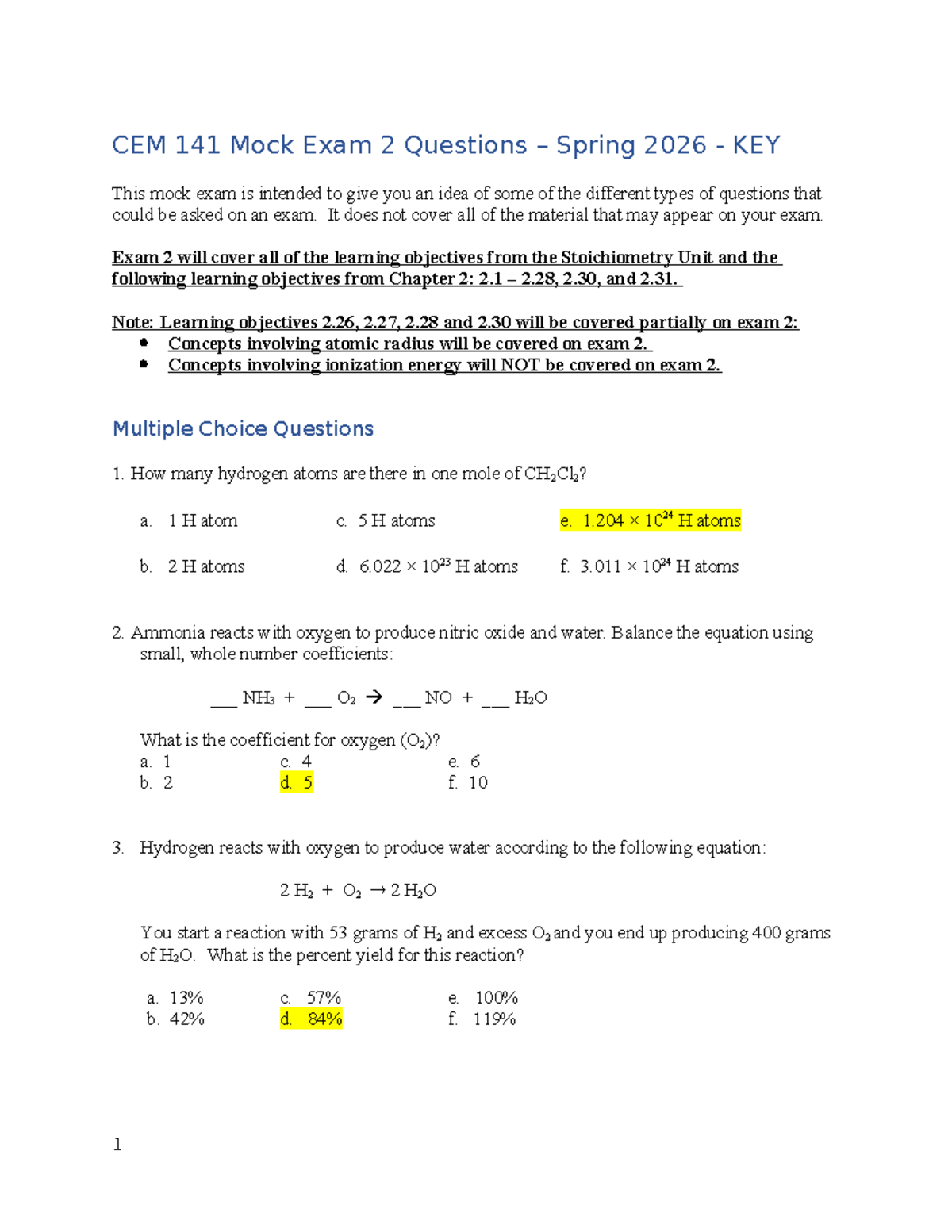 CEM 141 Mock Exam 2 Questions & Answers Spring 2026 - Studocu