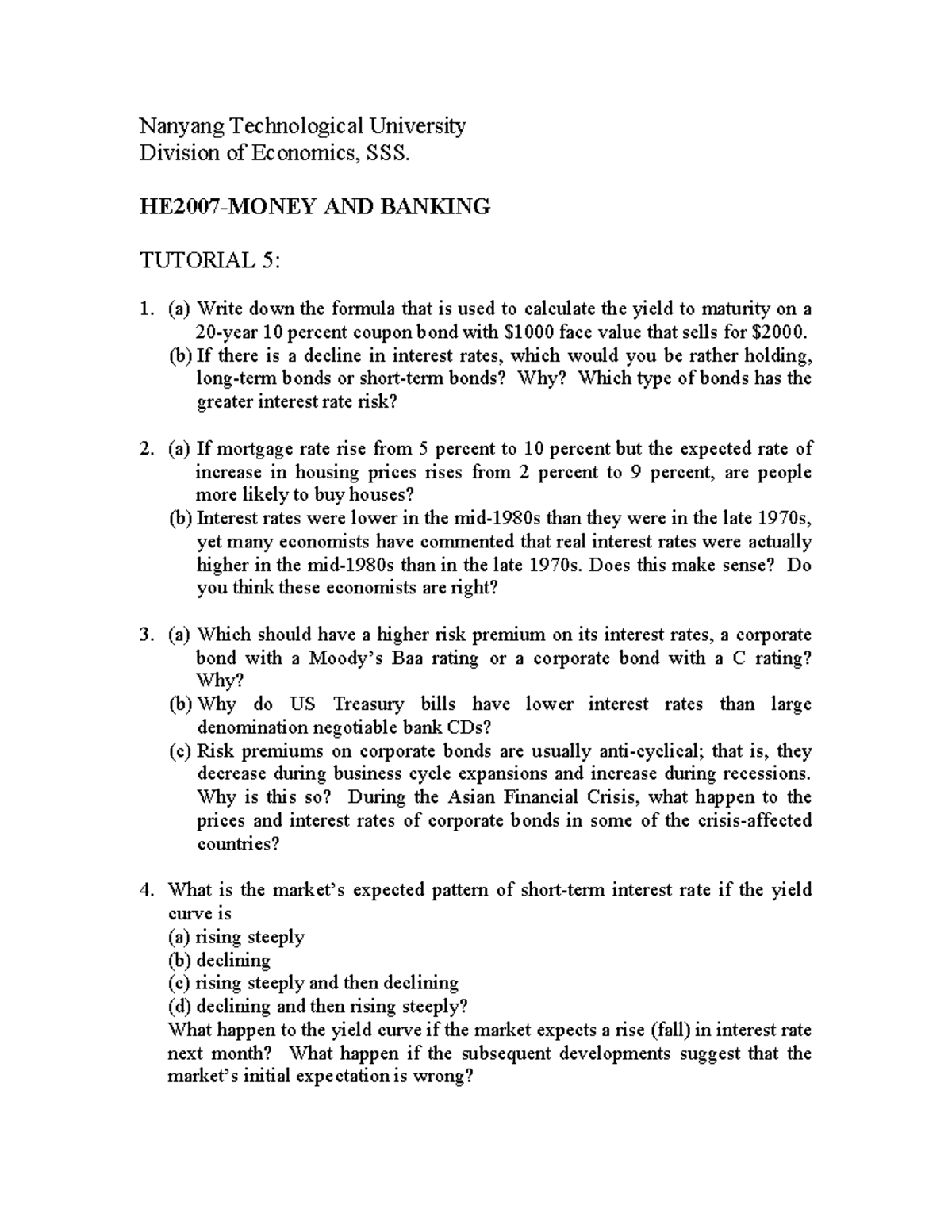 HE2007 Tutorial 5 - Money & Banking Analysis - Semester 1 - Studocu