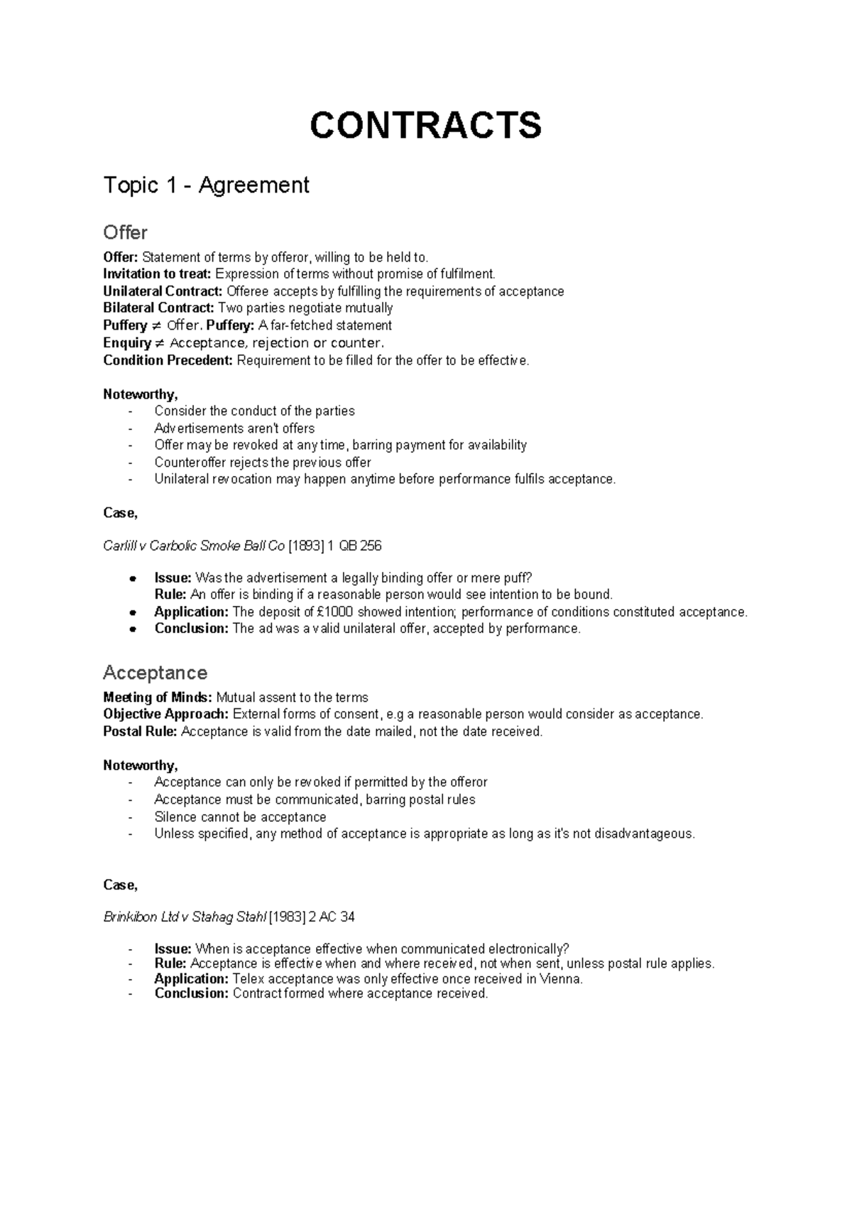 LAW172 Contracts Overview: Key Concepts and Case Summaries - Studocu