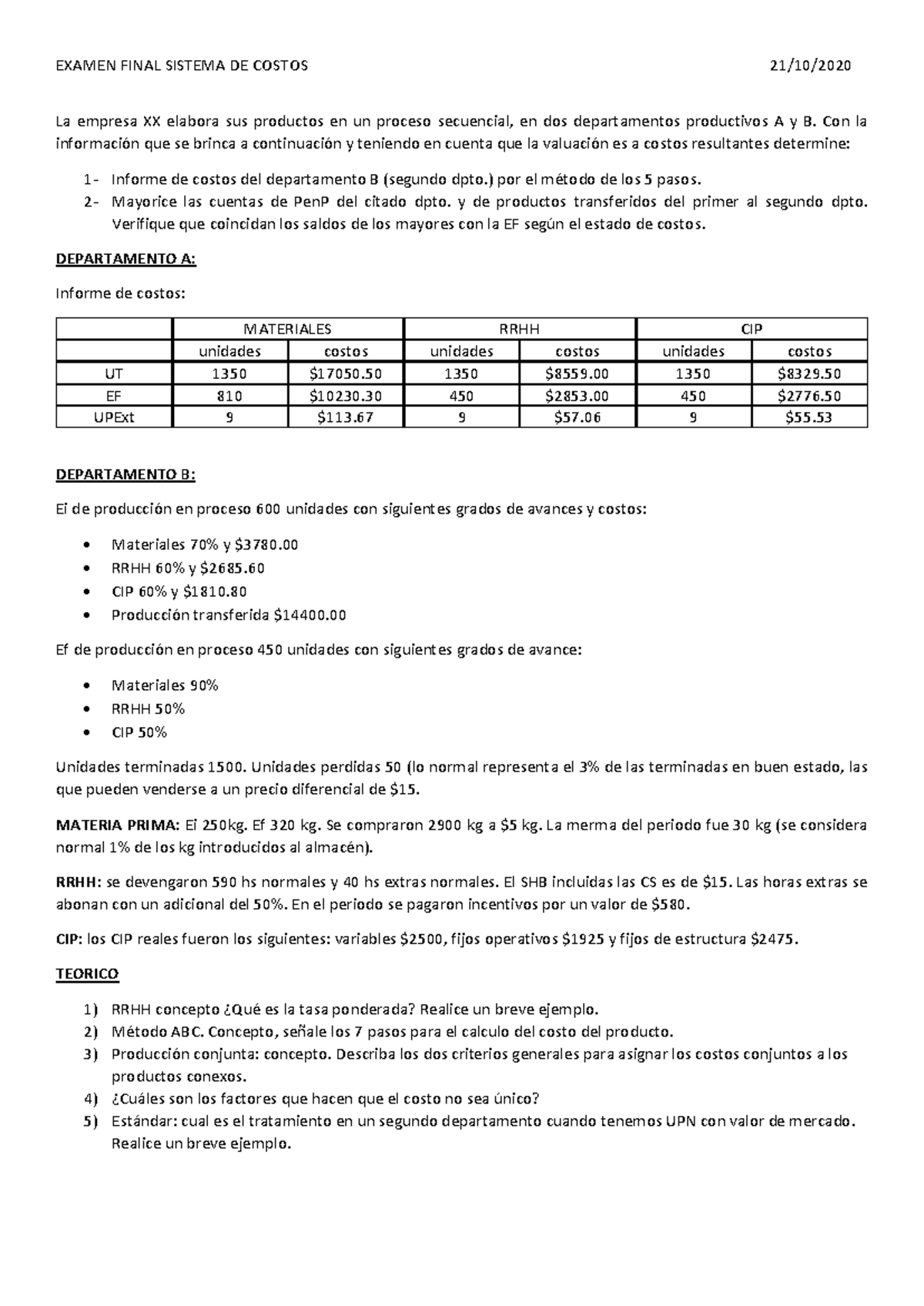 Examen Final SIST 21-10-2020: Informe de Costos Dpto. B - Studocu