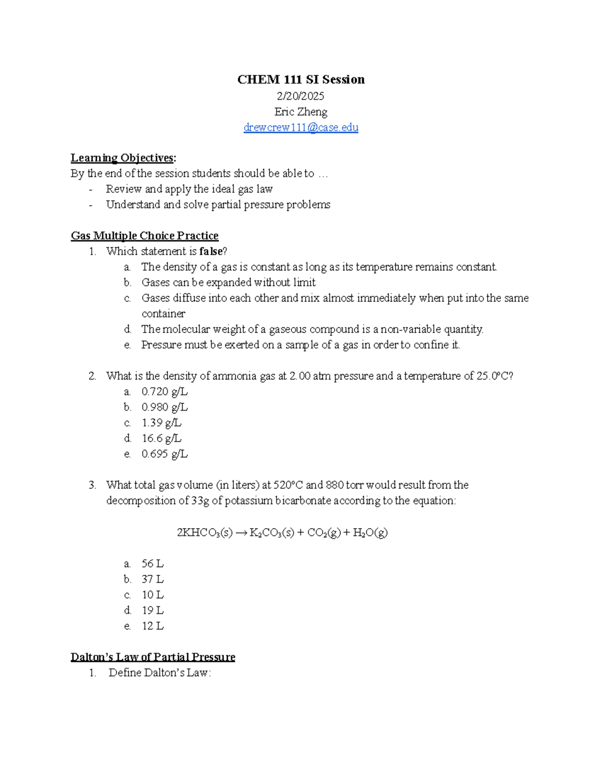 CHEM SI Session: Gas Laws & Partial Pressure Practice Sheet #8 - Studocu