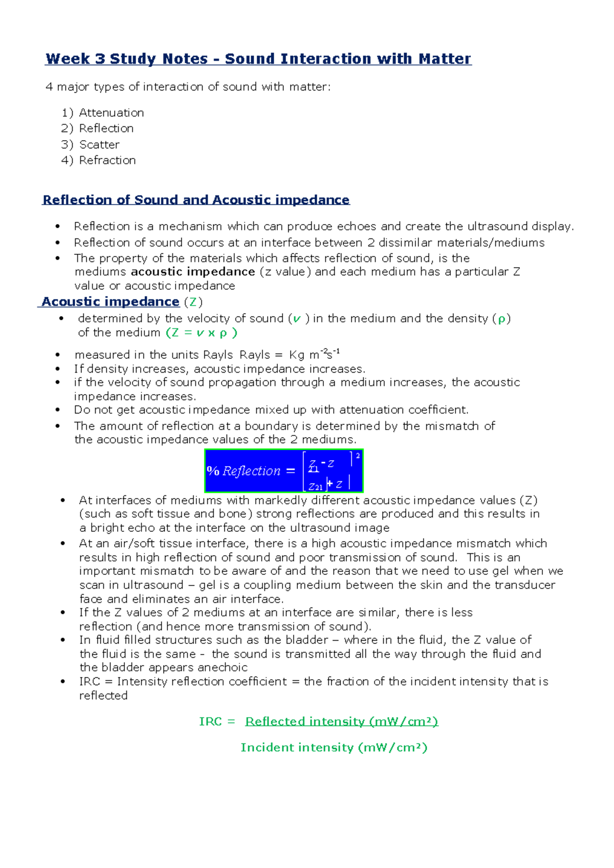 Week 3 Study Notes: Sound Interaction with Matter in Ultrasound - Studocu