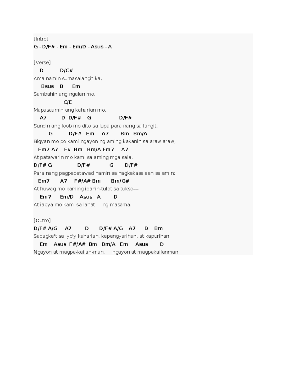 Ama Namin - Lesson on Lyrics and Chords - Studocu