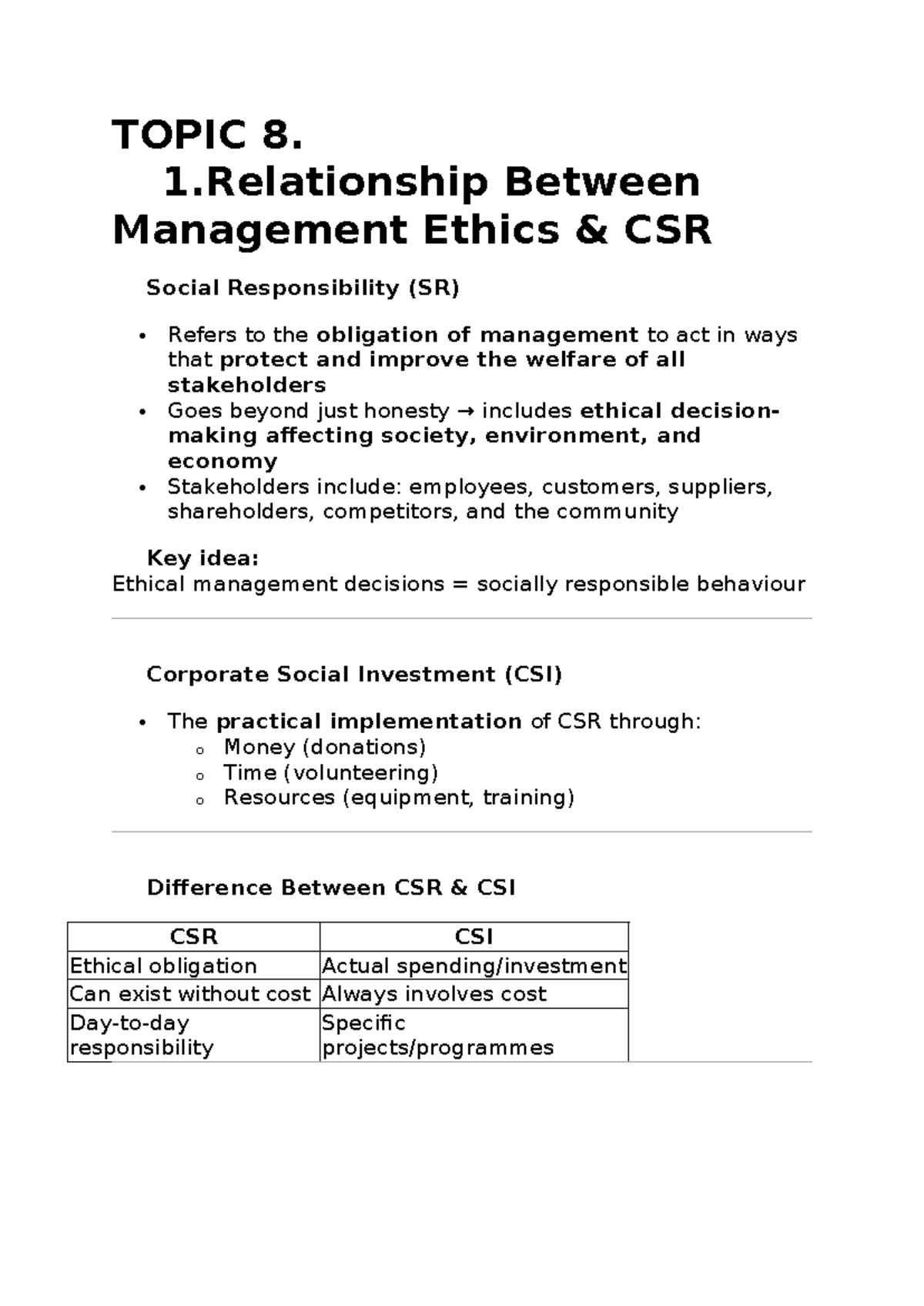 Topic 8 - Management Ethics & CSR: Class Notes on Social Responsibility ...