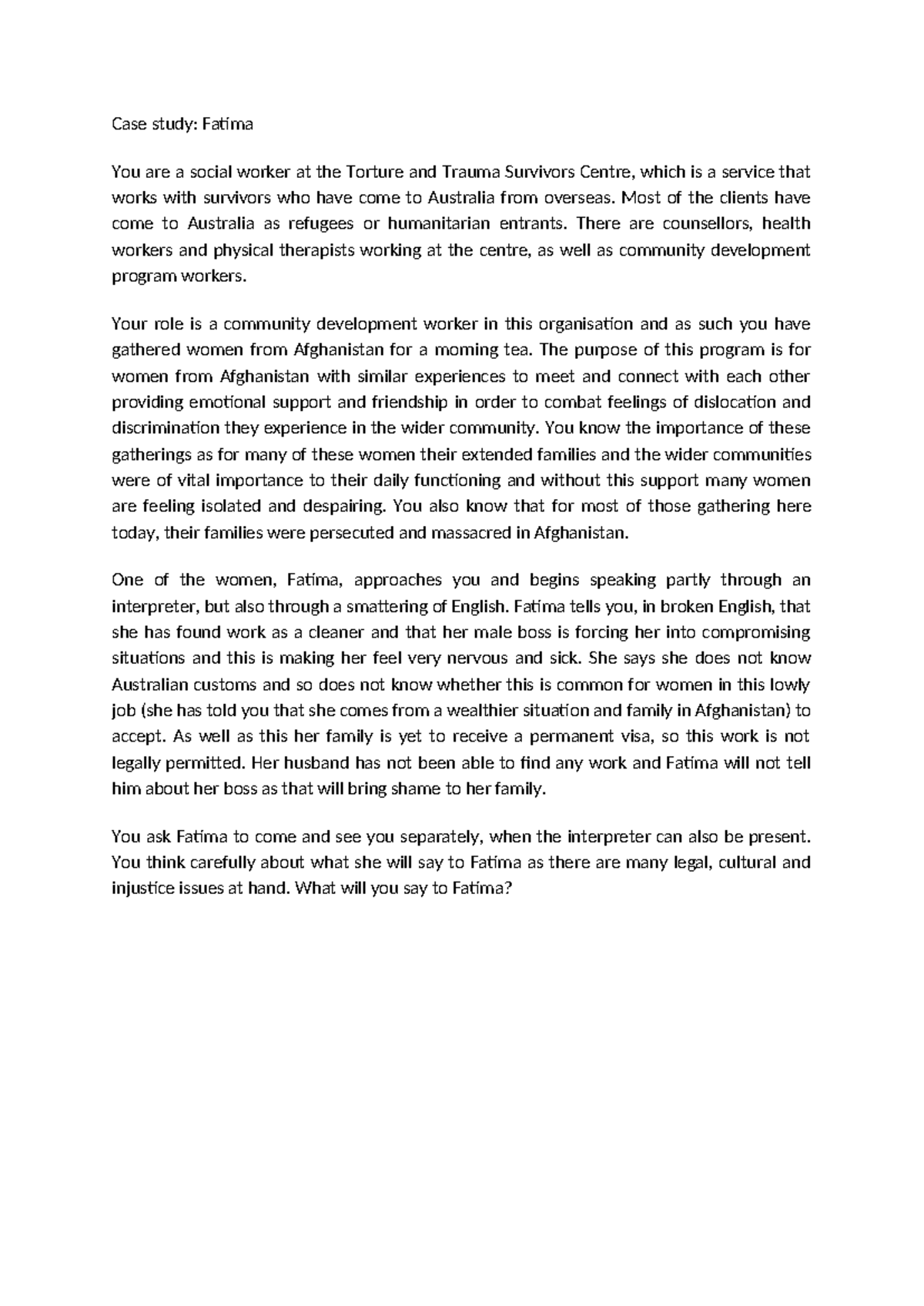 Case Study: Supporting Fatima - Community Development Insights - Studocu
