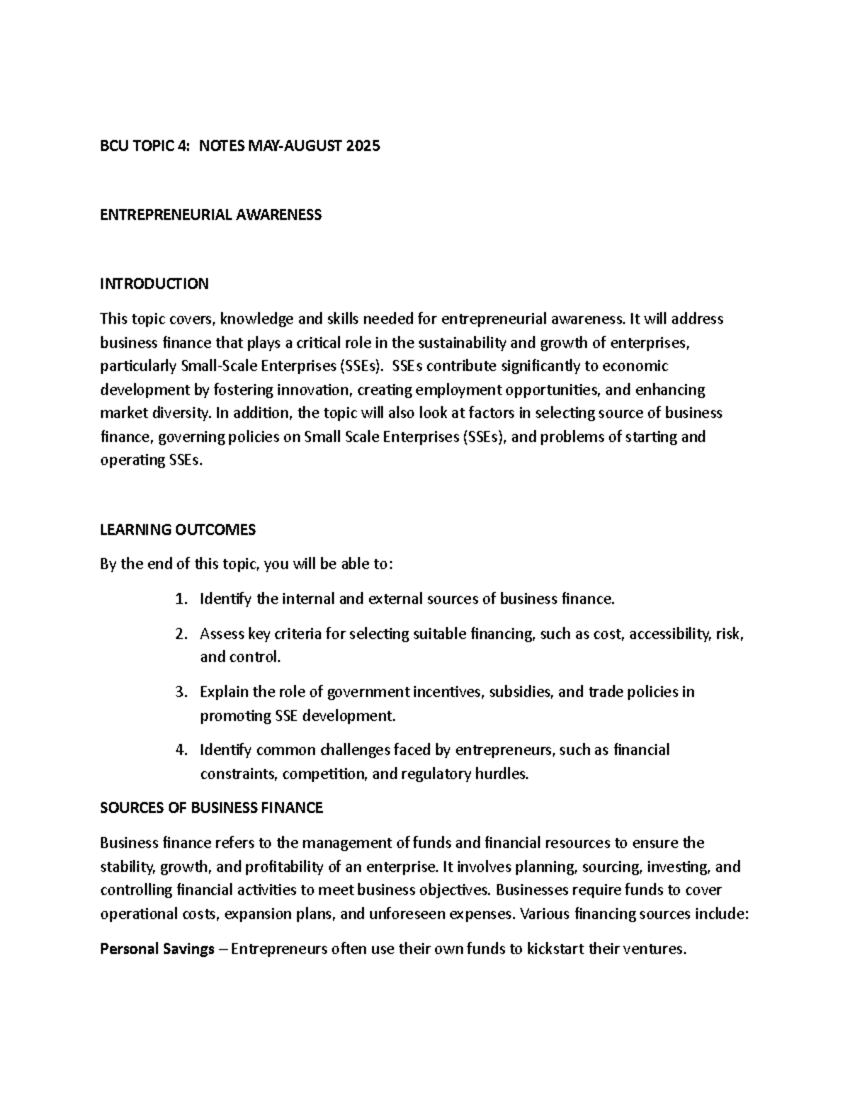 BCU 410 Topic 4: Entrepreneurial Awareness Notes (May-Aug 2025) - Studocu