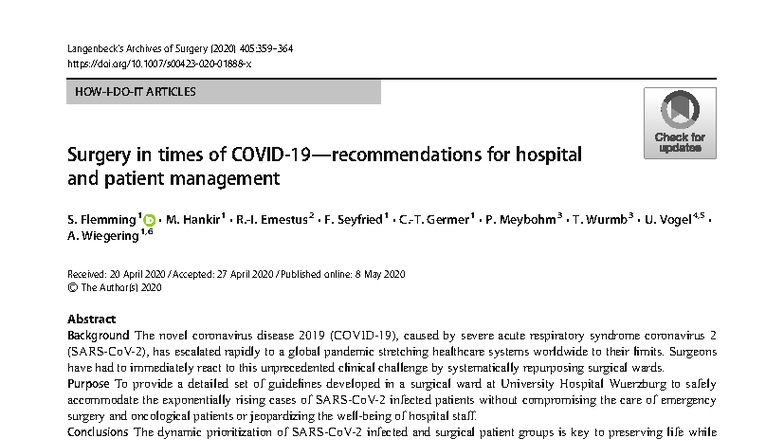 Surgery Management Guidelines During COVID-19 Pandemic (Anes103-406 ...
