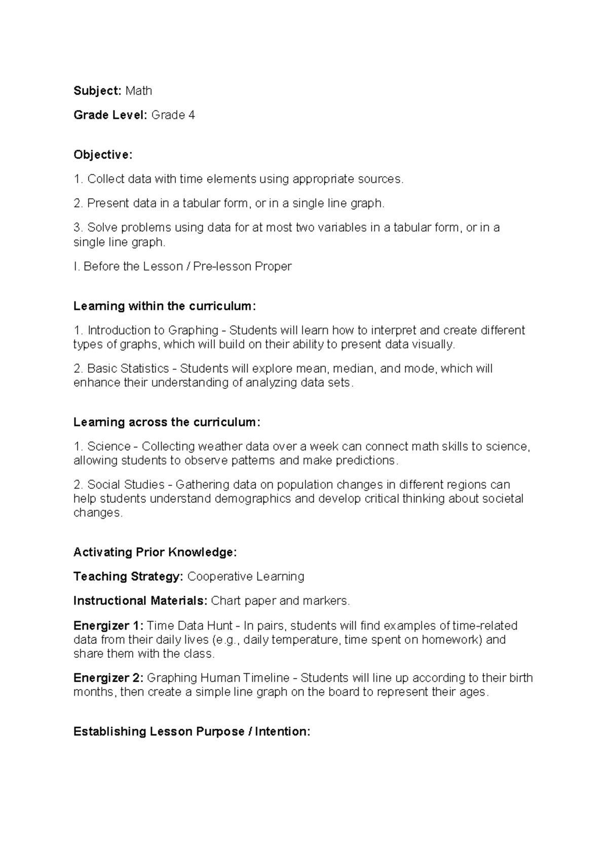 Grade 4 Math Lesson Plan: Data Collection and Graphing Techniques - Studocu