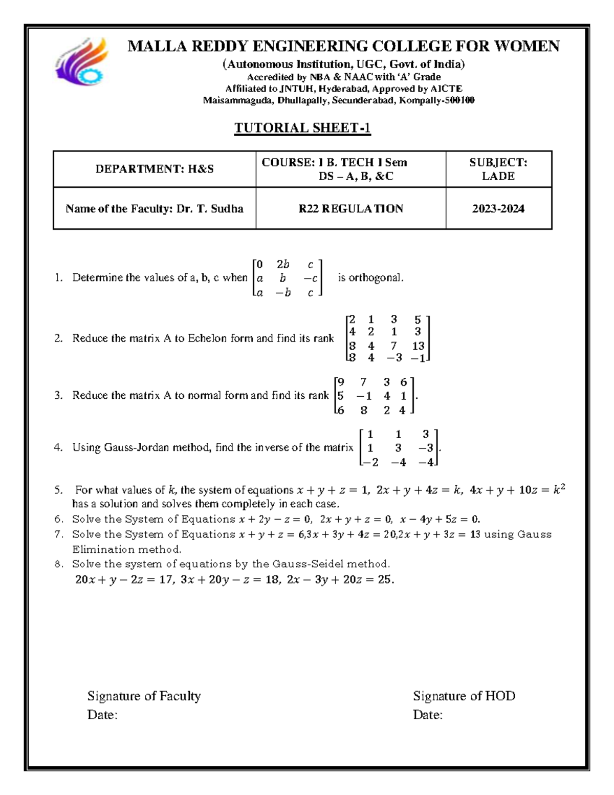 LADE R22 Regulation I B. Tech I Sem DS A, B Tutorial Notes - Studocu